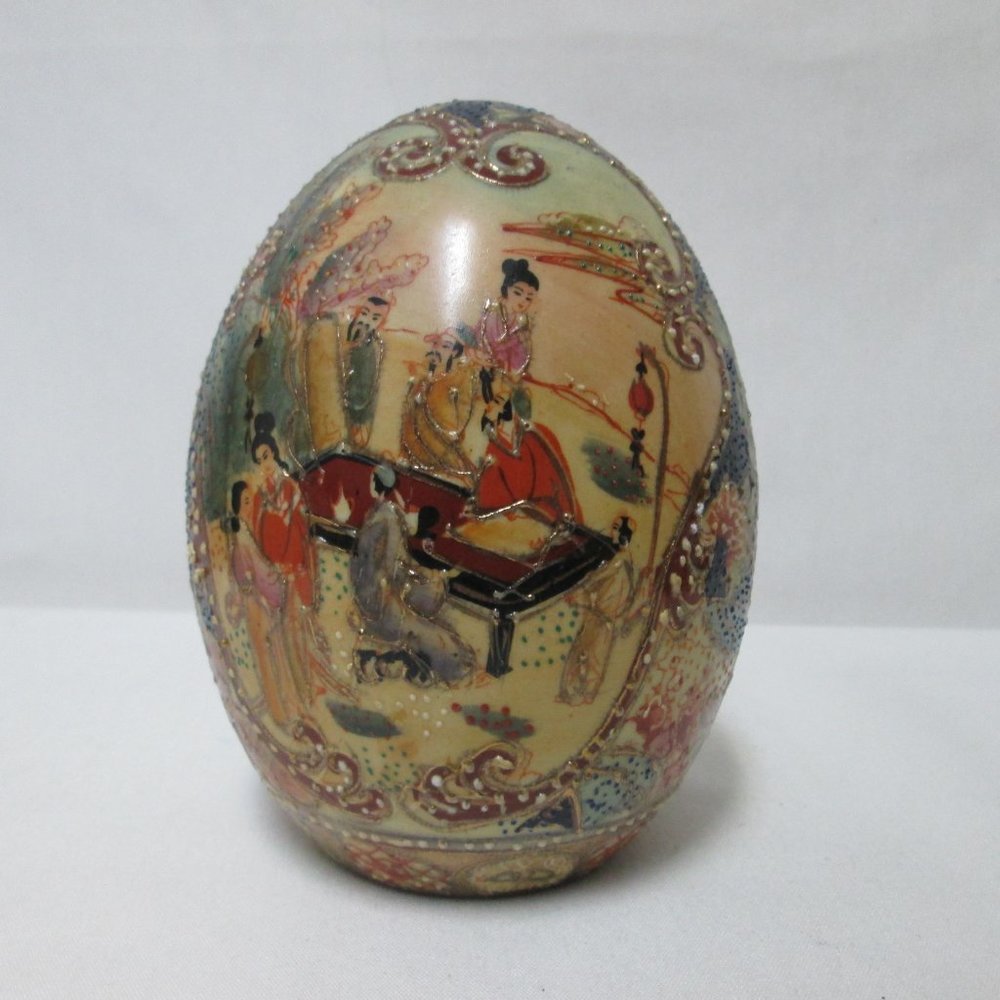 Vintage Satsuma Ceramic large Egg beaded 6" tall 4.5" wide figurine decor floral